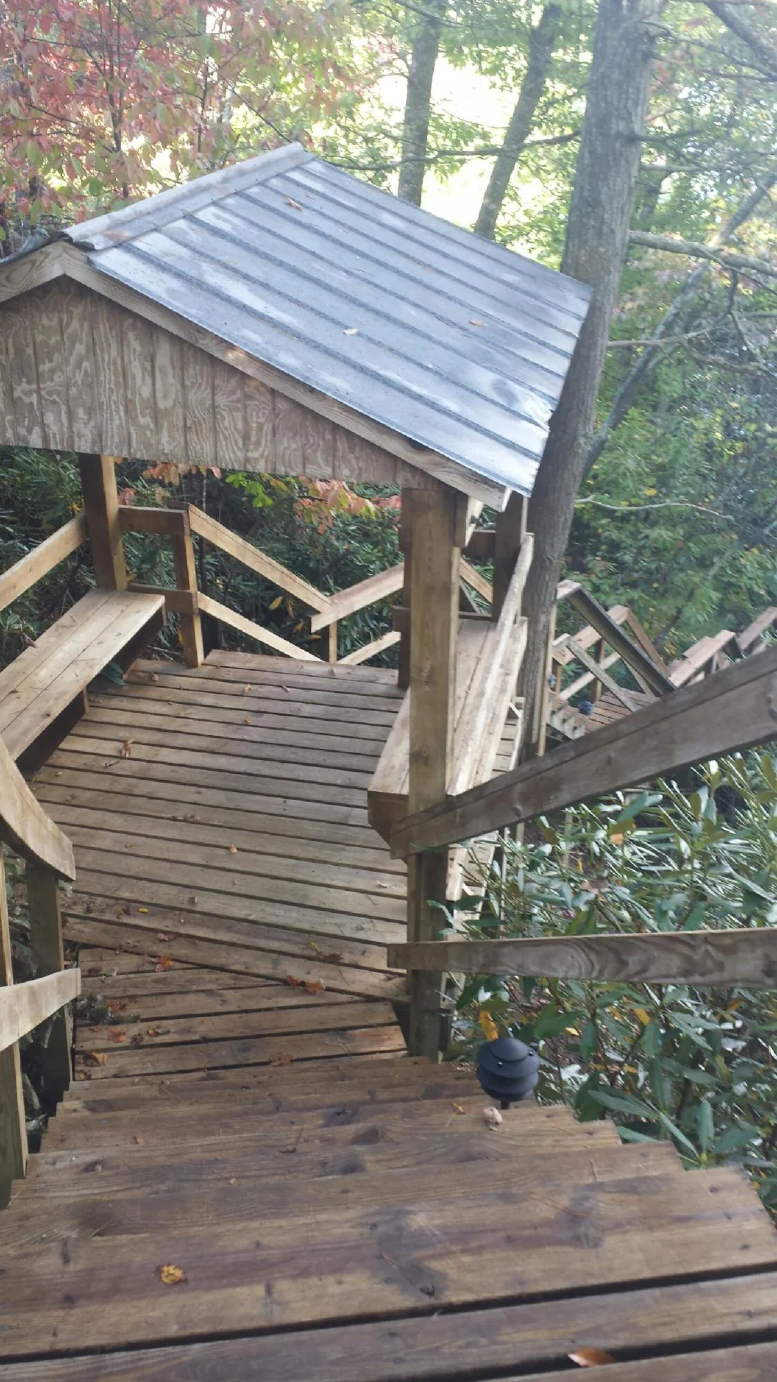 Metal roofed shelter over wooden steps on a wooded walkway — Skylight Repair & Installation work by our crew in Hustonville